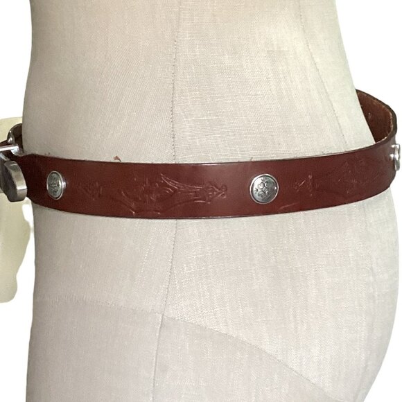 VTG Leegin USA 34-38 Western Belt Brown Hand Tooled Leather‎ Silver Conchos 29S main image 5